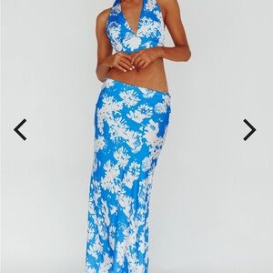 Blue Floral Halter Maxi Skirt Set